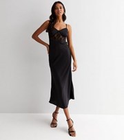 New Look Black Satin Lace Insert Strappy Midi Dress